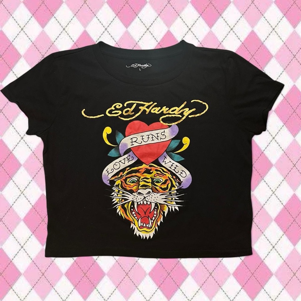 Ed Hardy “love runs wild” Black & gold baby tee with tiger & heart graphic